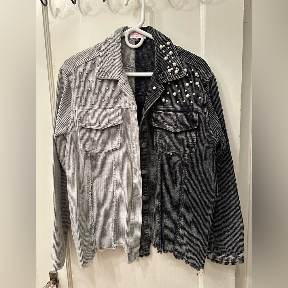 NWOT Pink Lily Gray and Black Corduroy Jacket with Pearls and Rhinestones